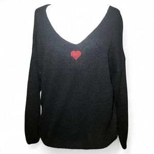Willow Black V-Neck Sweater with Red Heart